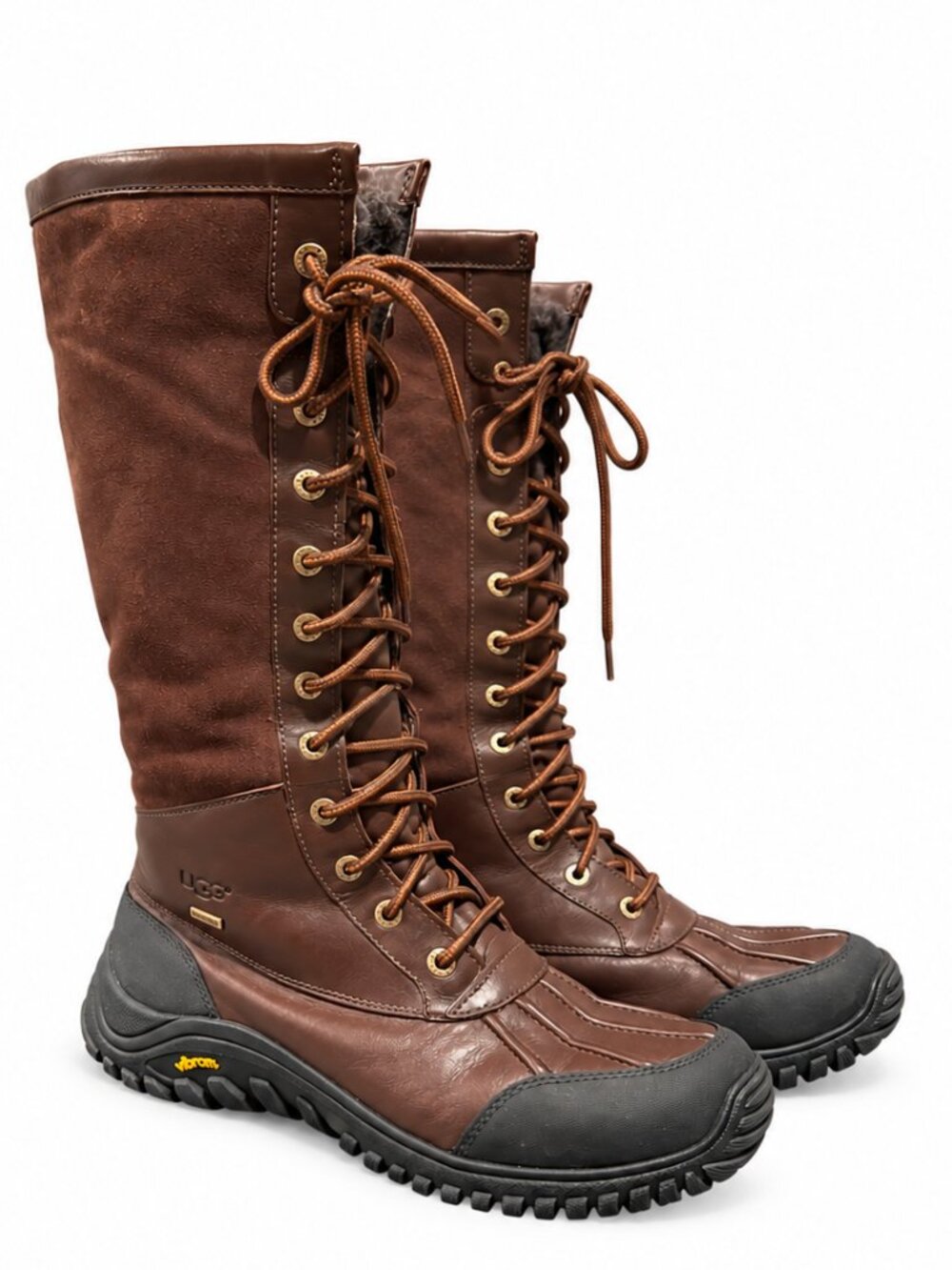 UGG Adirondack Tall Boots Womens 8.5 Brown Leather Shearling Vibram 5447 EUC